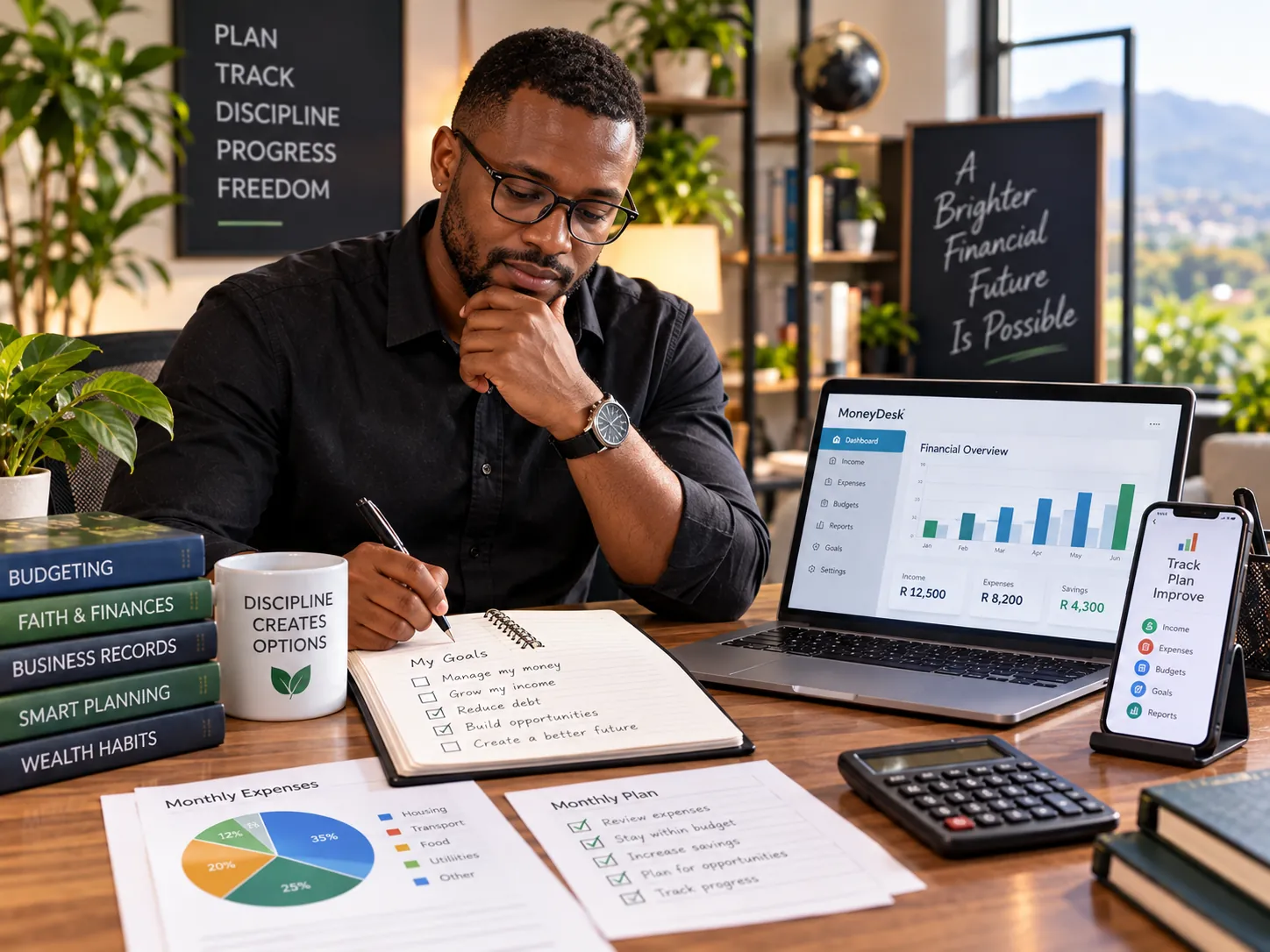A practical financial planning workspace with notebook and laptop