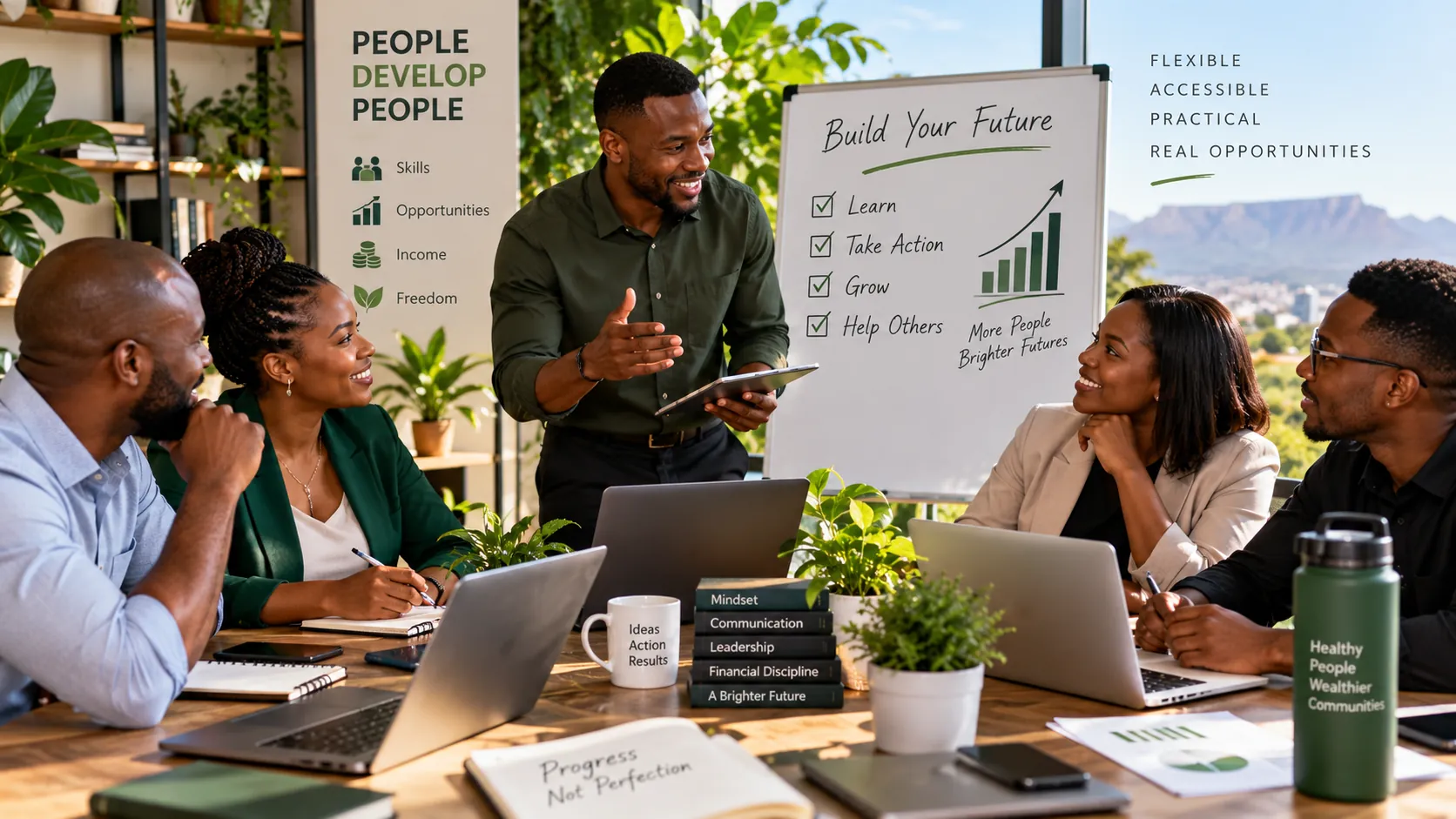 Adults learning and planning a business together